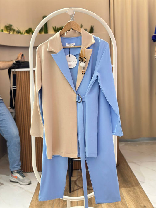 Elegant Two-Tone Trench Coat with Elastic Waist